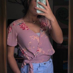 Pink Floral Tie Front Blouse